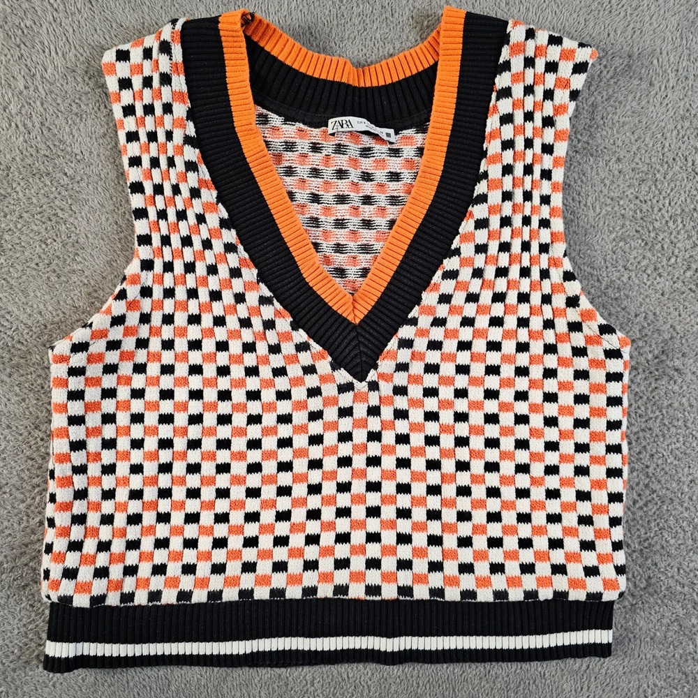 Zara Checkered Knit V-Neck Sweater Vest Orange Black White Sleeveless Small